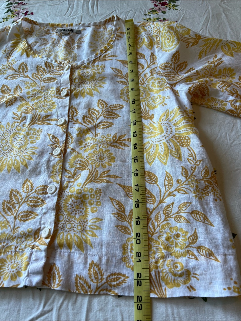 Flax Yellow Floral Button-Front Lightweight Linen Top Office Church - Picture 5 of 7